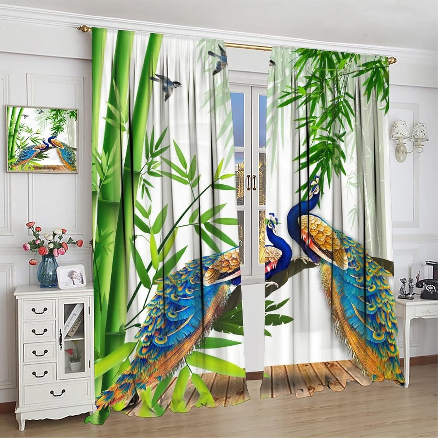 Peacock Landscape Curtains 2 Panel Set 42x45in