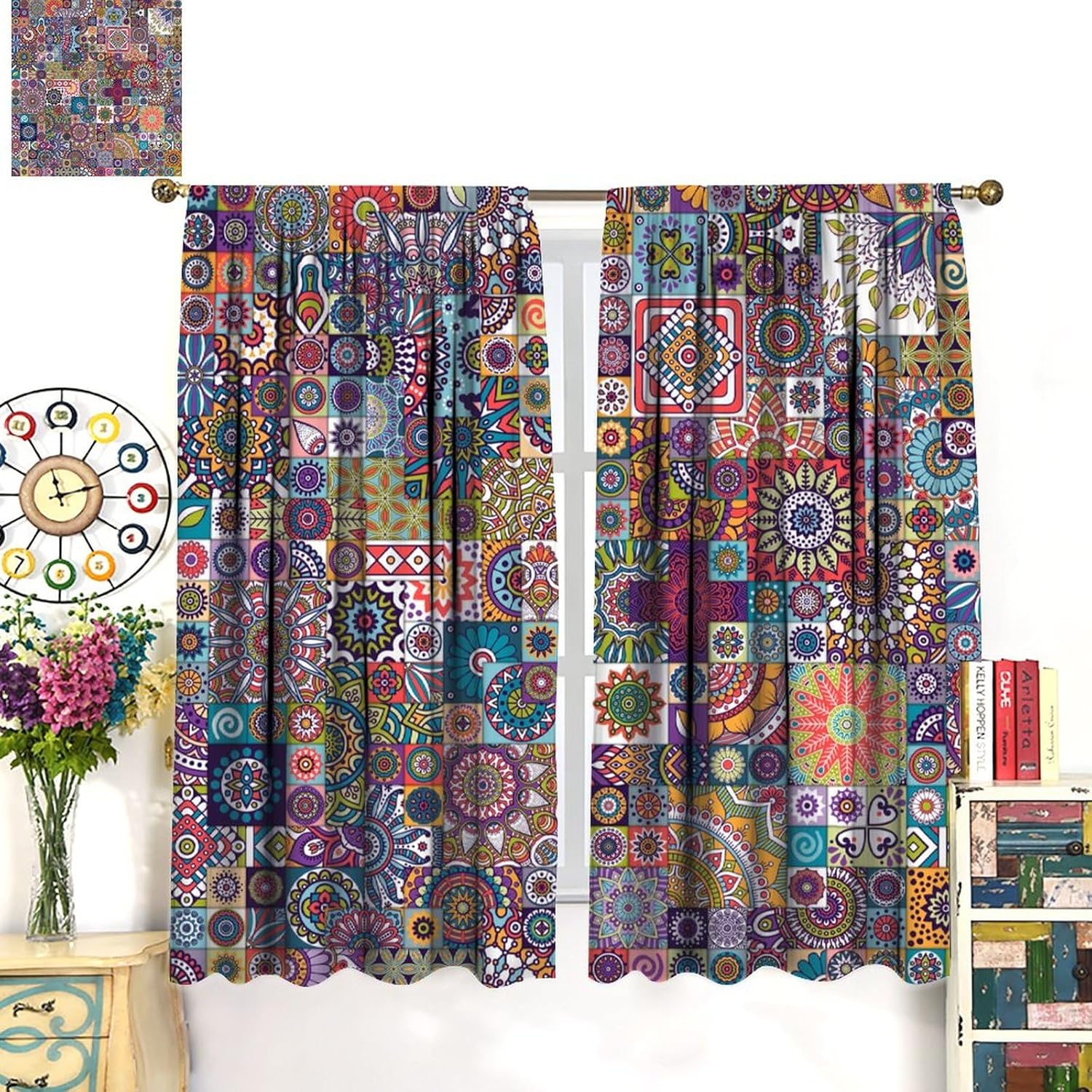 Focusbrite Boho Floral Blackout Curtains Set 2 Panels 42x45 Inches