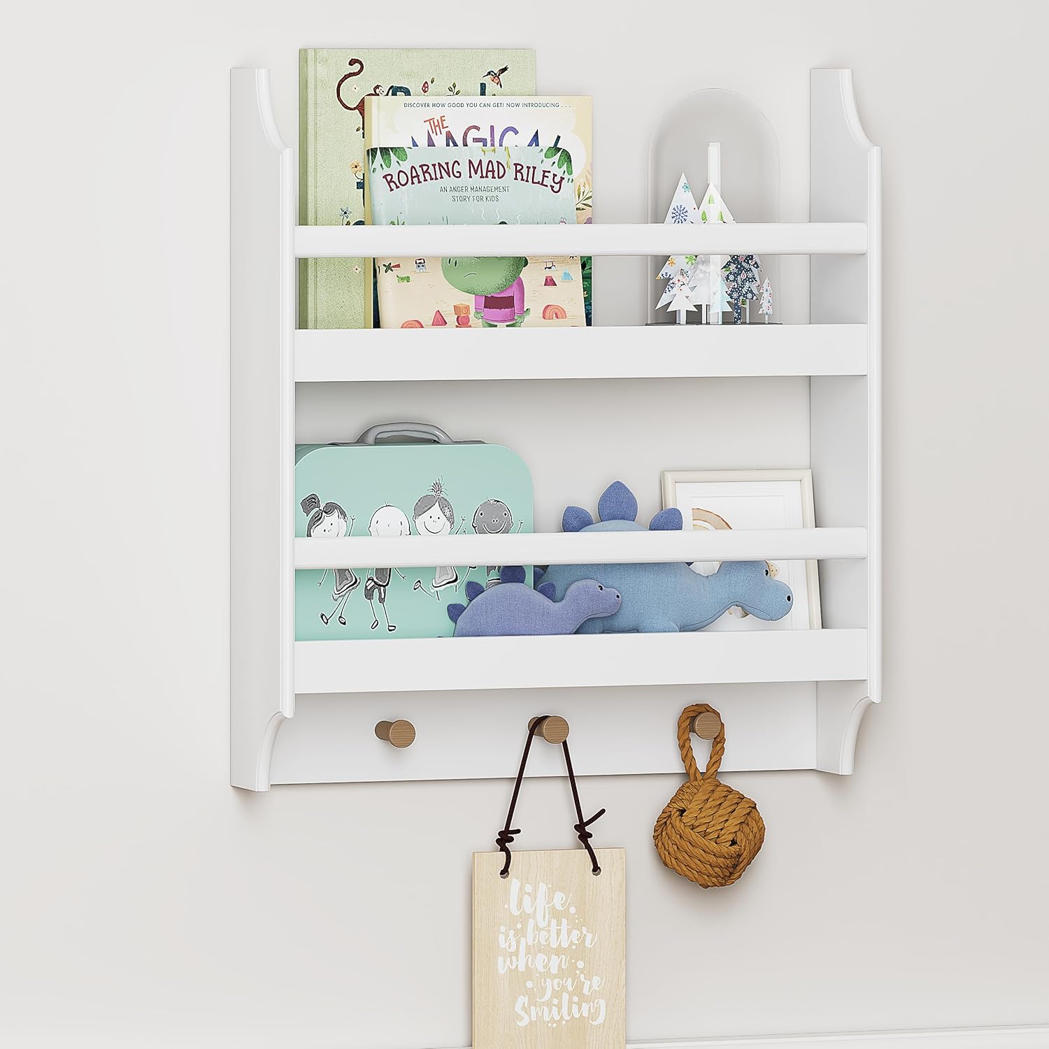 UTEX Floating Book Shelves with Hooks 2-Tier Wall Mounted Storage