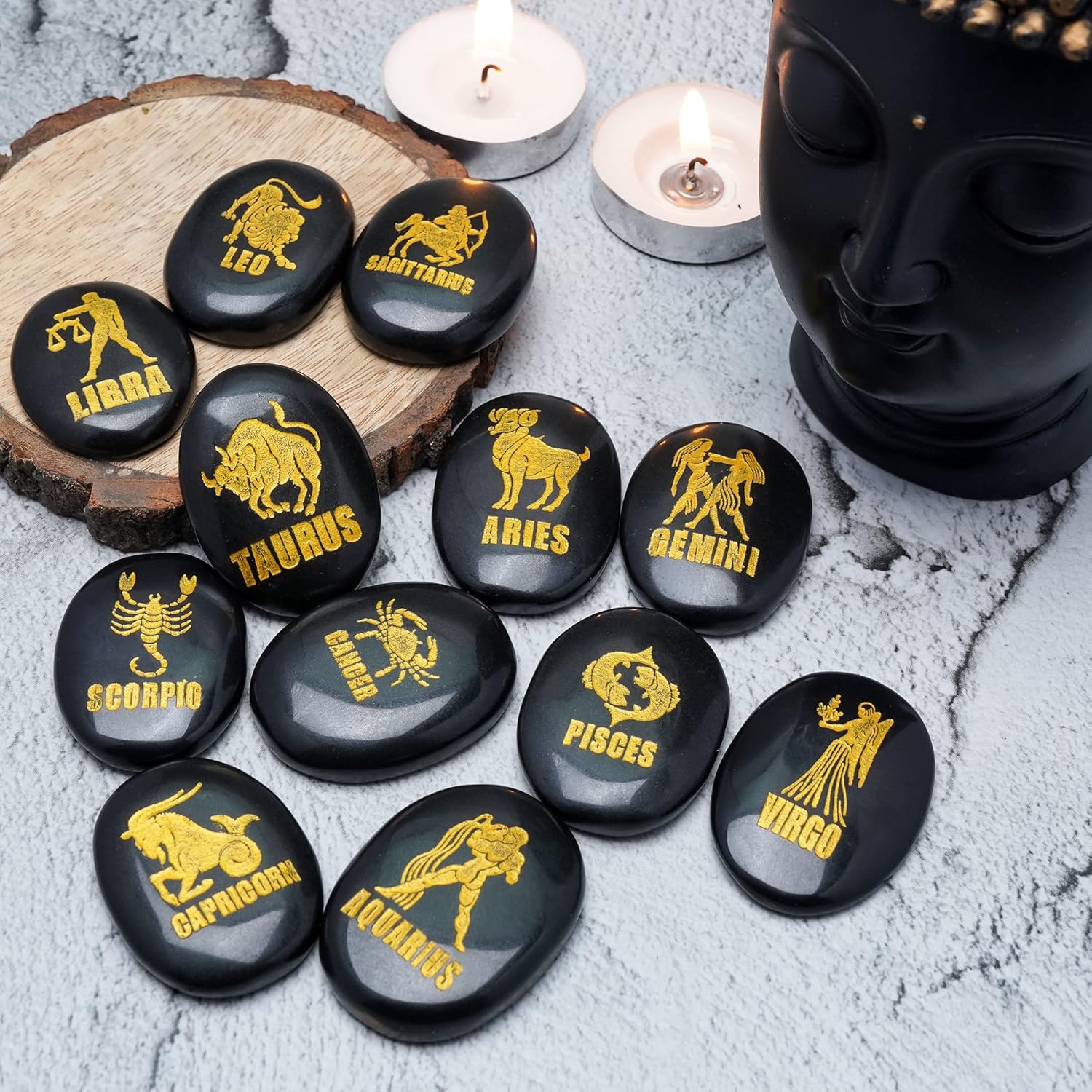 ZAICUS Black Agate Zodiac Symbols Stones Set of 12 for Reiki Healing