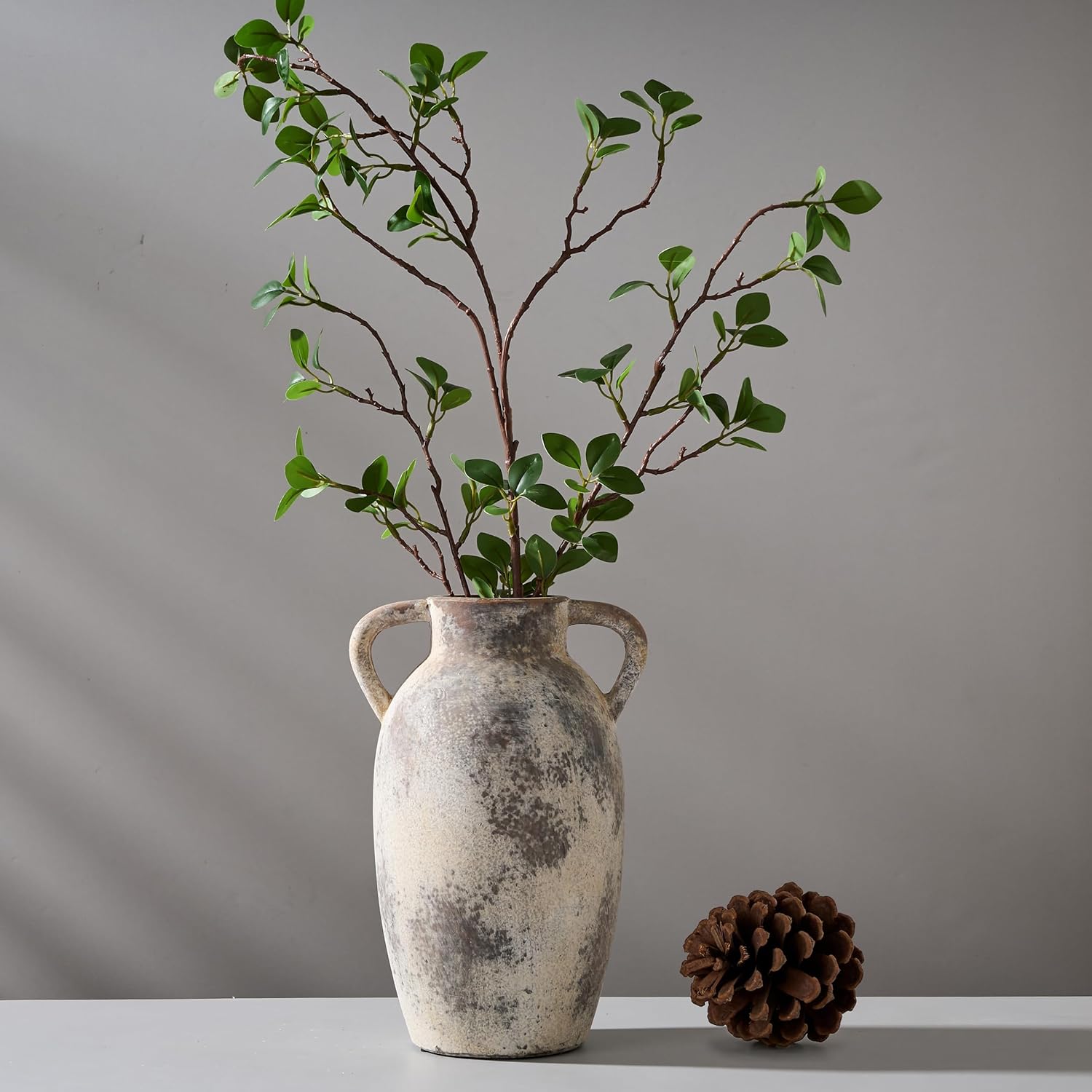 PORCER 984 Inch Ceramic Terracotta Vase with Handles - Gray