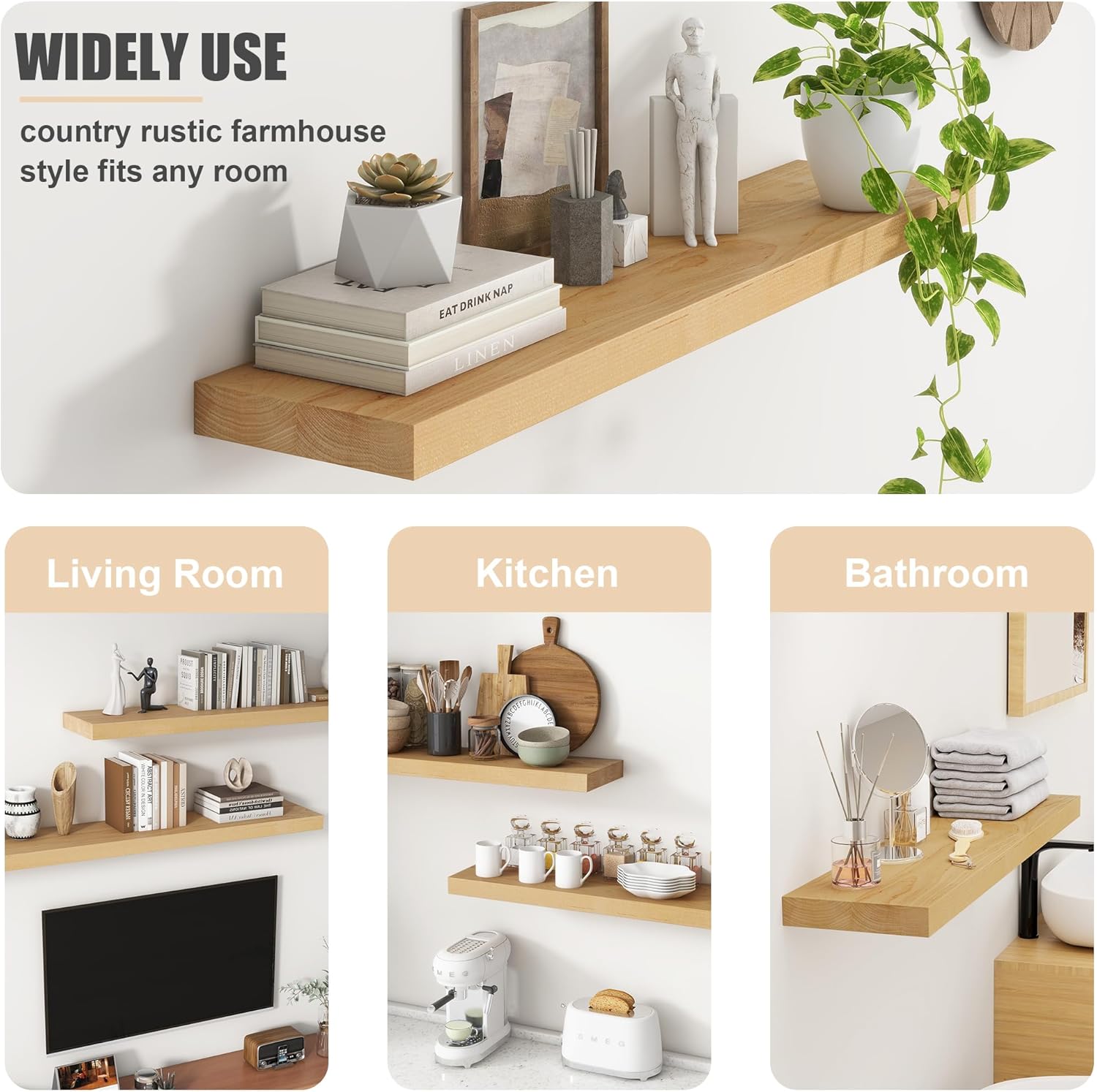 FLYJOE Floating Shelves Set of 2 24 Inch Natural Wooden Wall Mounts