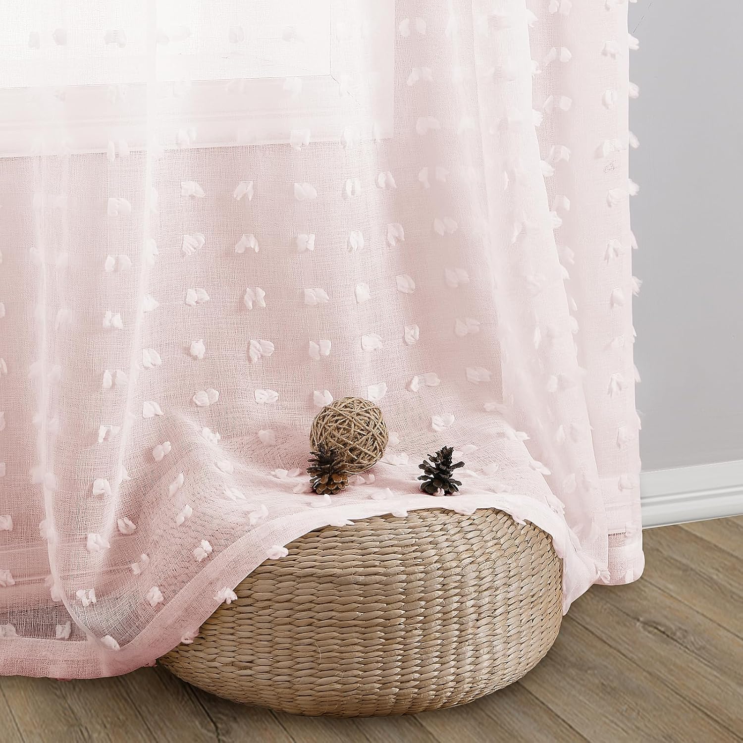 Guken Pink Grommet Pom Pom Sheer Curtains 54 Inch 2 Panels