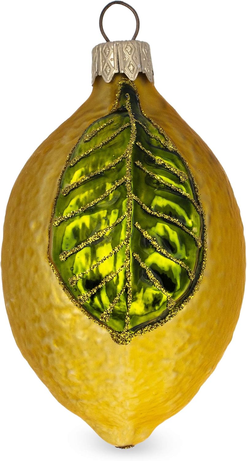 Lemon with Leaf Glass Christmas Ornament 37 Inches