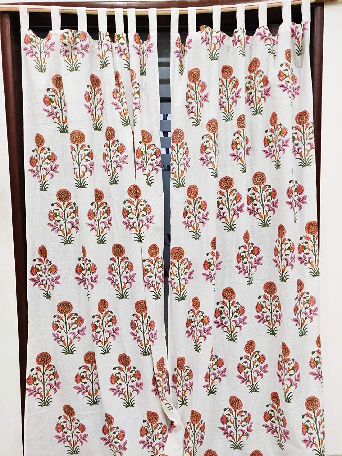 Block Print Floral Fabric Curtain Set of 2