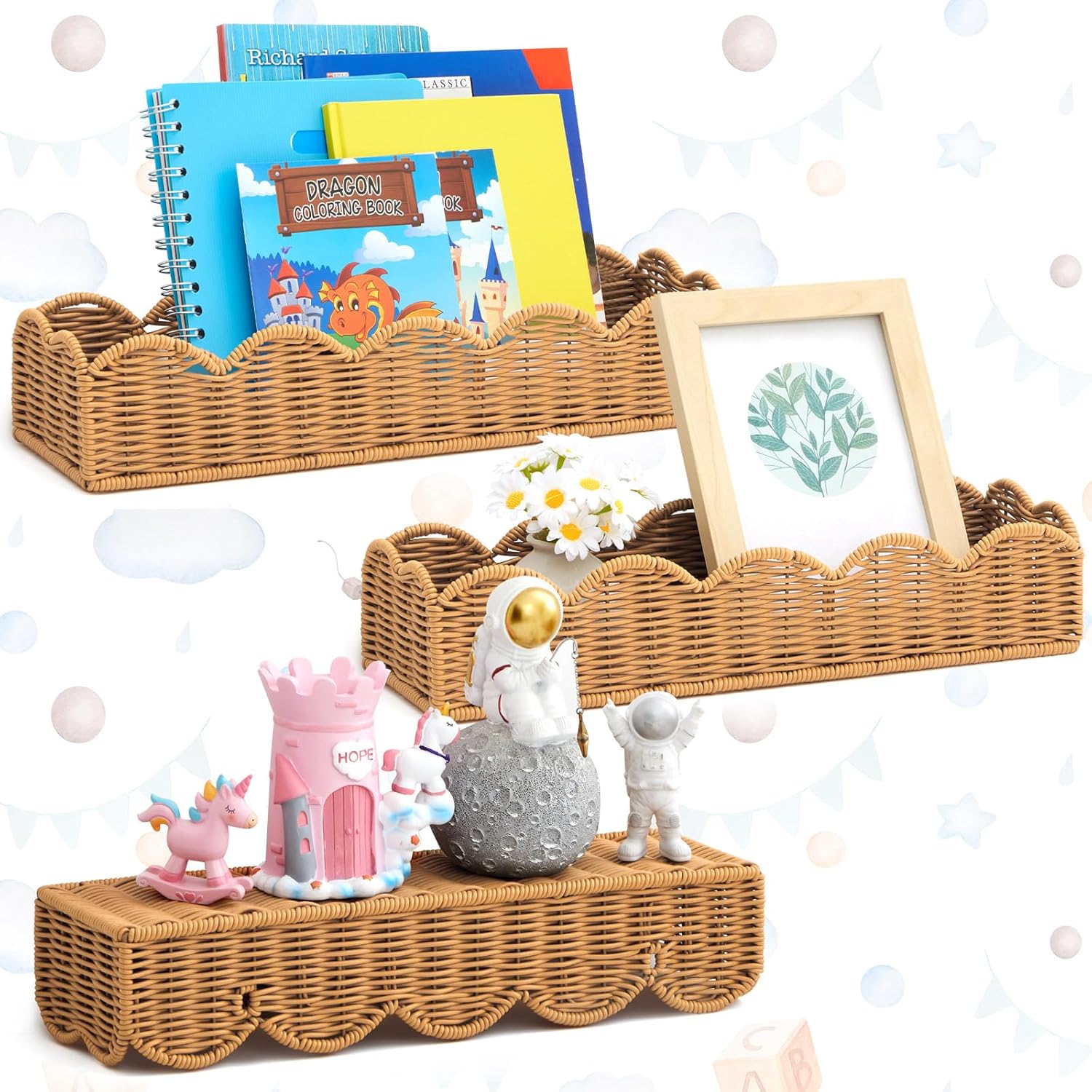 Pinkunn 3 Piece Floating Wall Bookshelf Natural Rattan