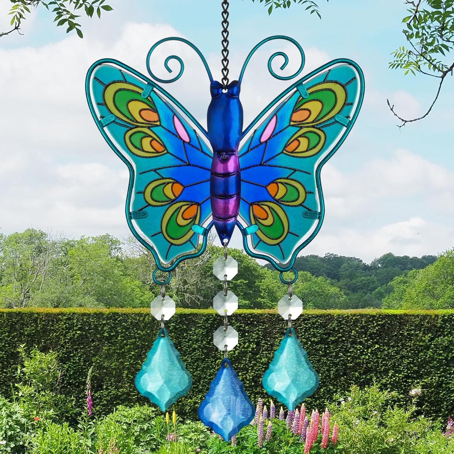 Butterfly Stained Glass Suncatcher with Chain Blue Decor