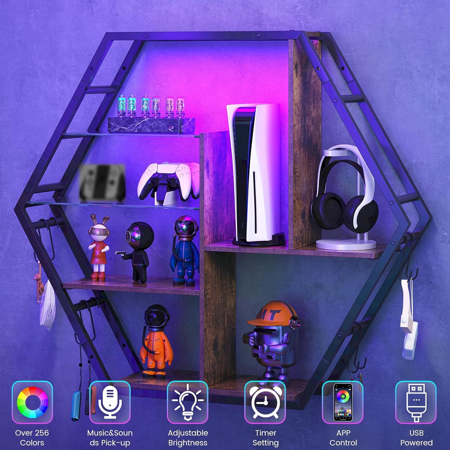 Gaming Shelf with RGB Lights and Hooks - Rustic Brown