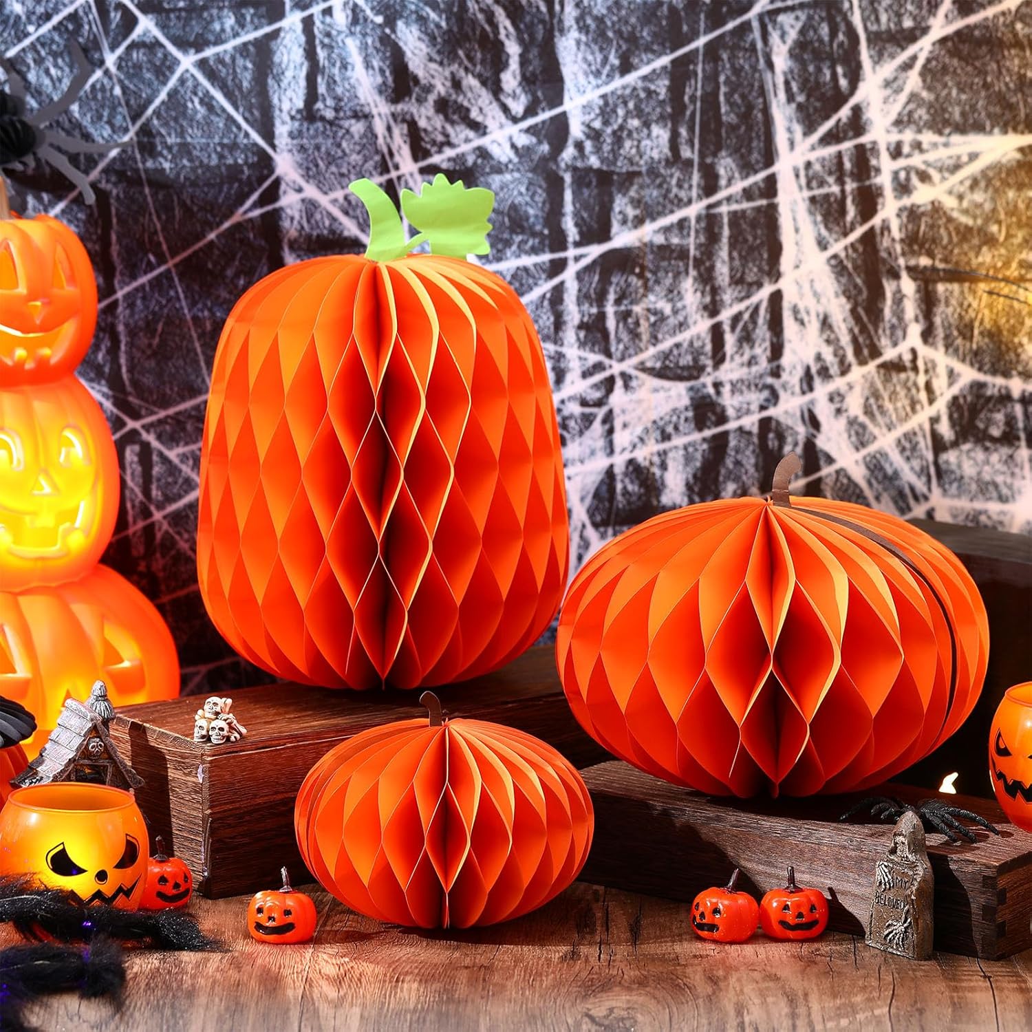 3 Halloween Pumpkin Honeycomb Centerpieces 3D Decorations