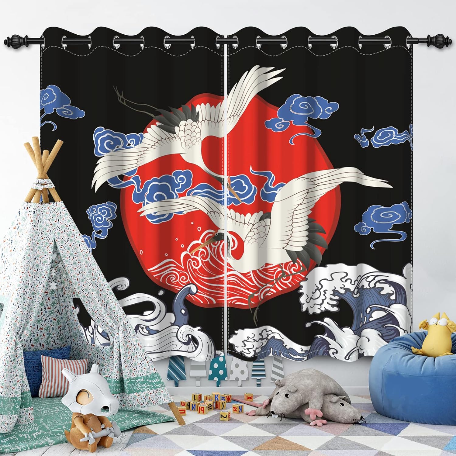 Japanese Style Curtains Flying Crane Red Sun Abstract 3D Printed 2 Panel Set