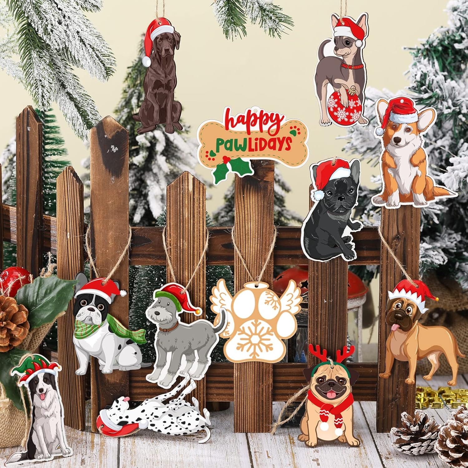 24 Pieces Wooden Dog Ornaments for Christmas Tree Decorations