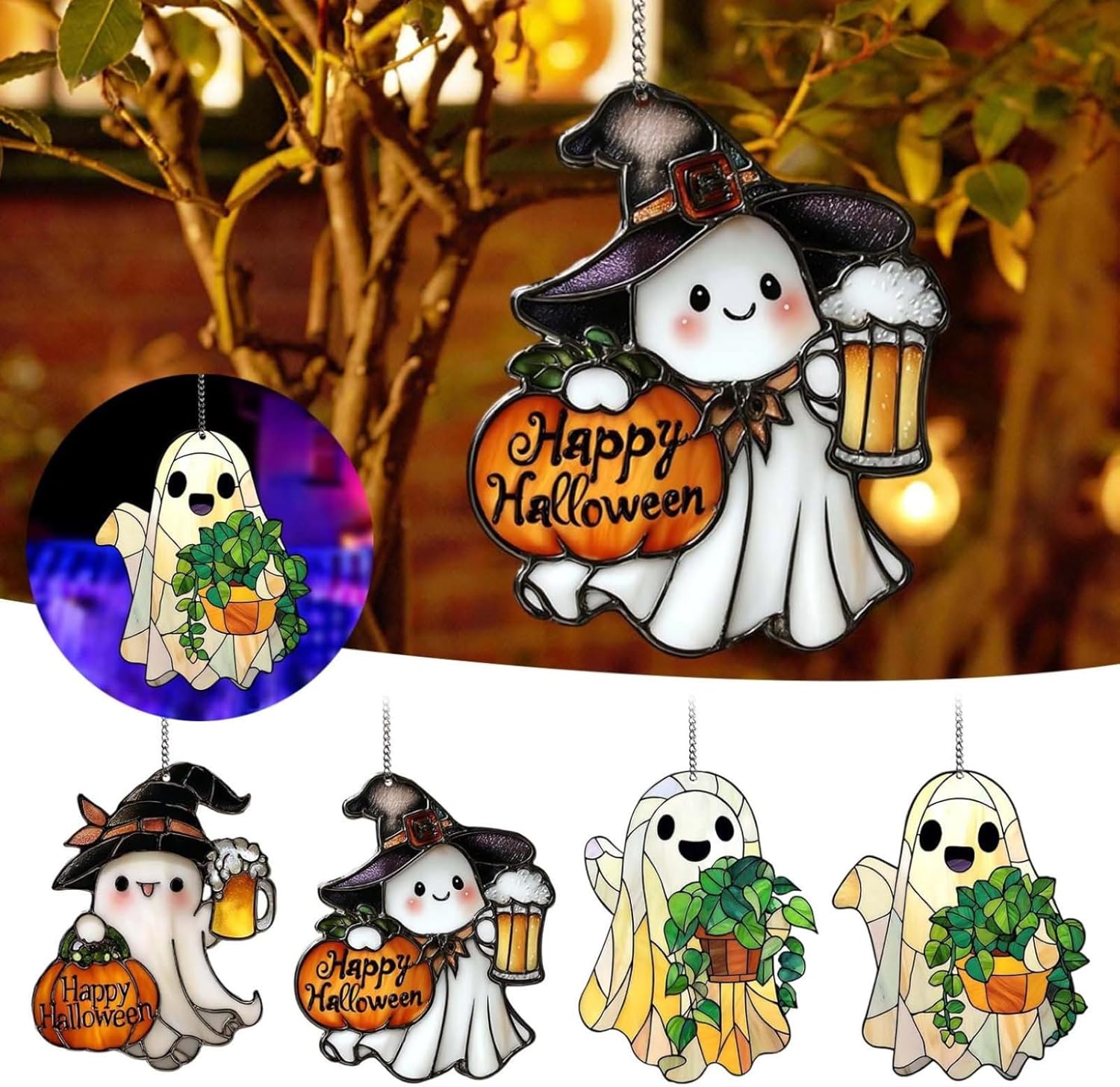 4PCS Halloween Ghost Hanging Ornament with Pumpkin and Beer Cup