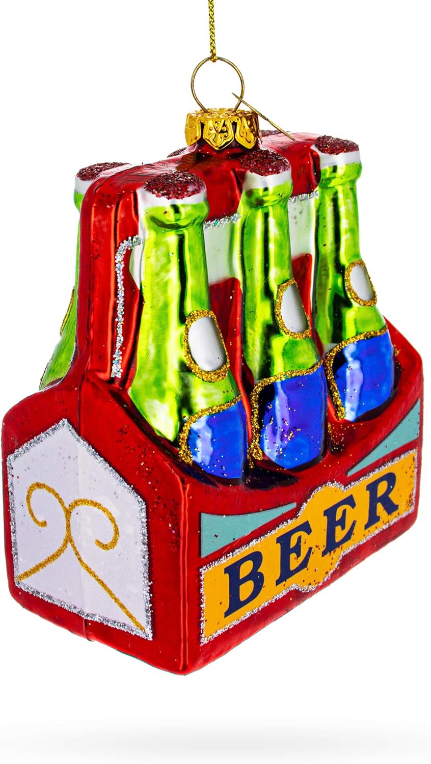 Festive Six-Bottle Beer Pack Blown Glass Christmas Ornament 1