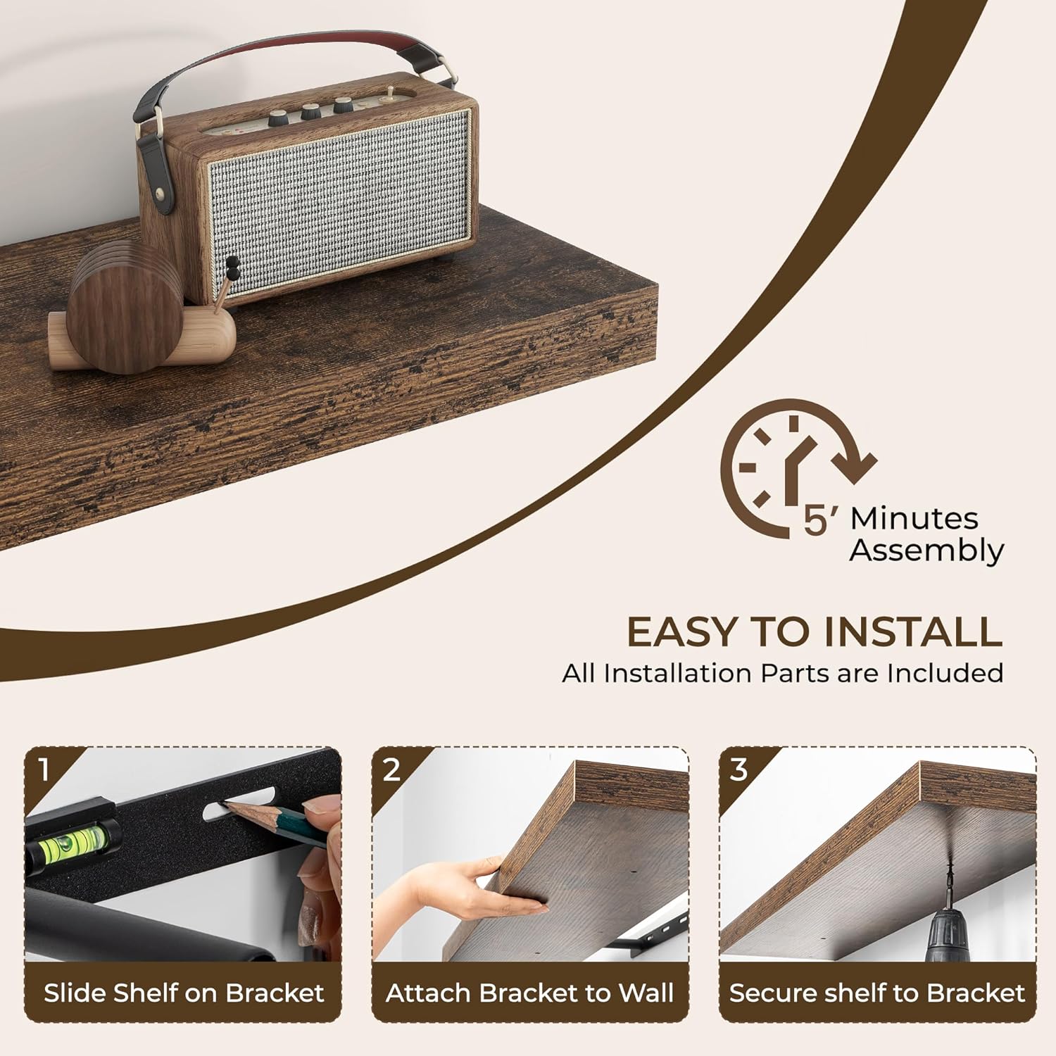RICHFOCUS 315 Inch Floating Shelves 2 Pack Rustic Brown