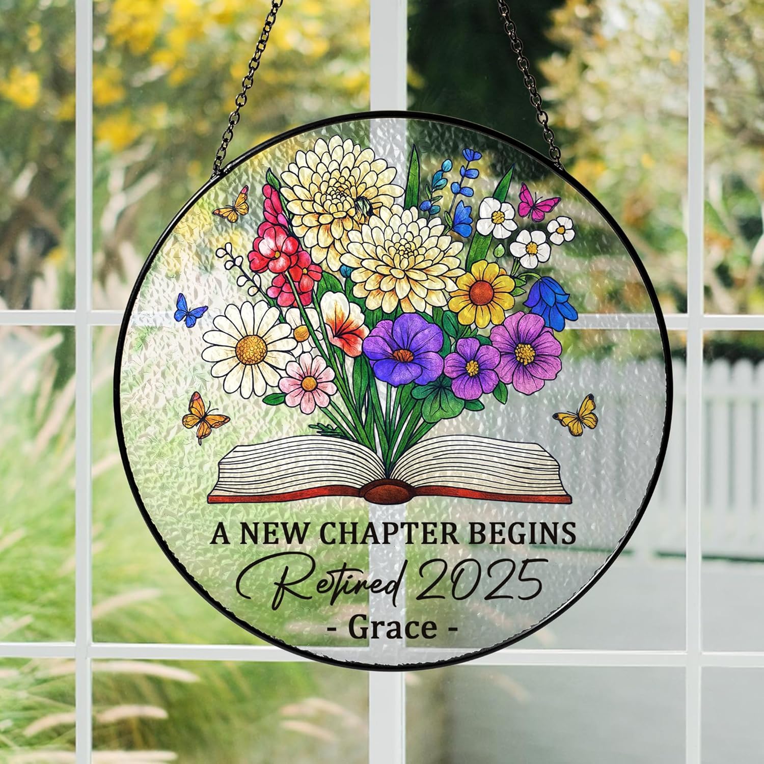 Personalized Retirement Stained Glass Suncatcher - Custom Name Floral Decor