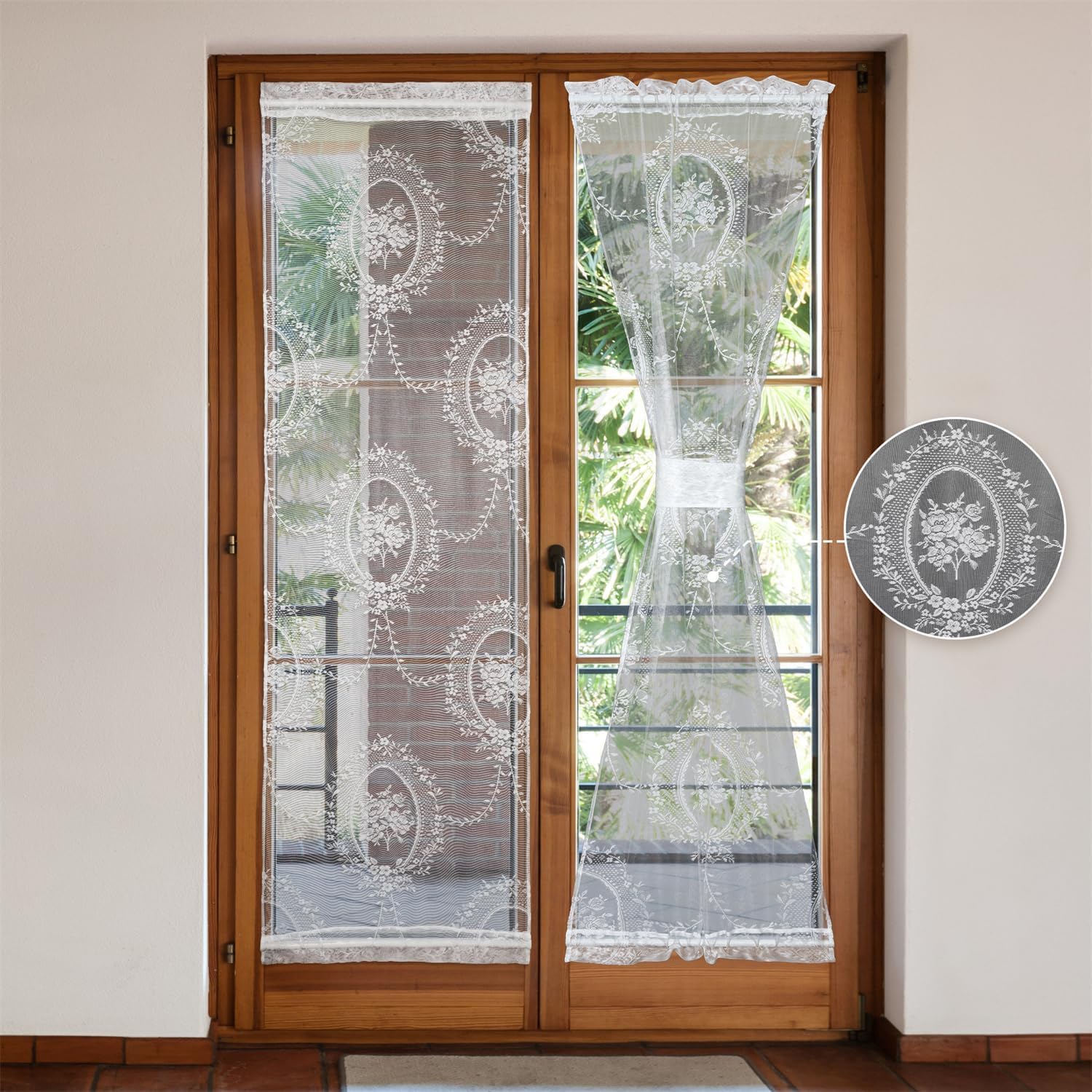 Lace French Door Curtain 25x72 Inch Rose Pattern White