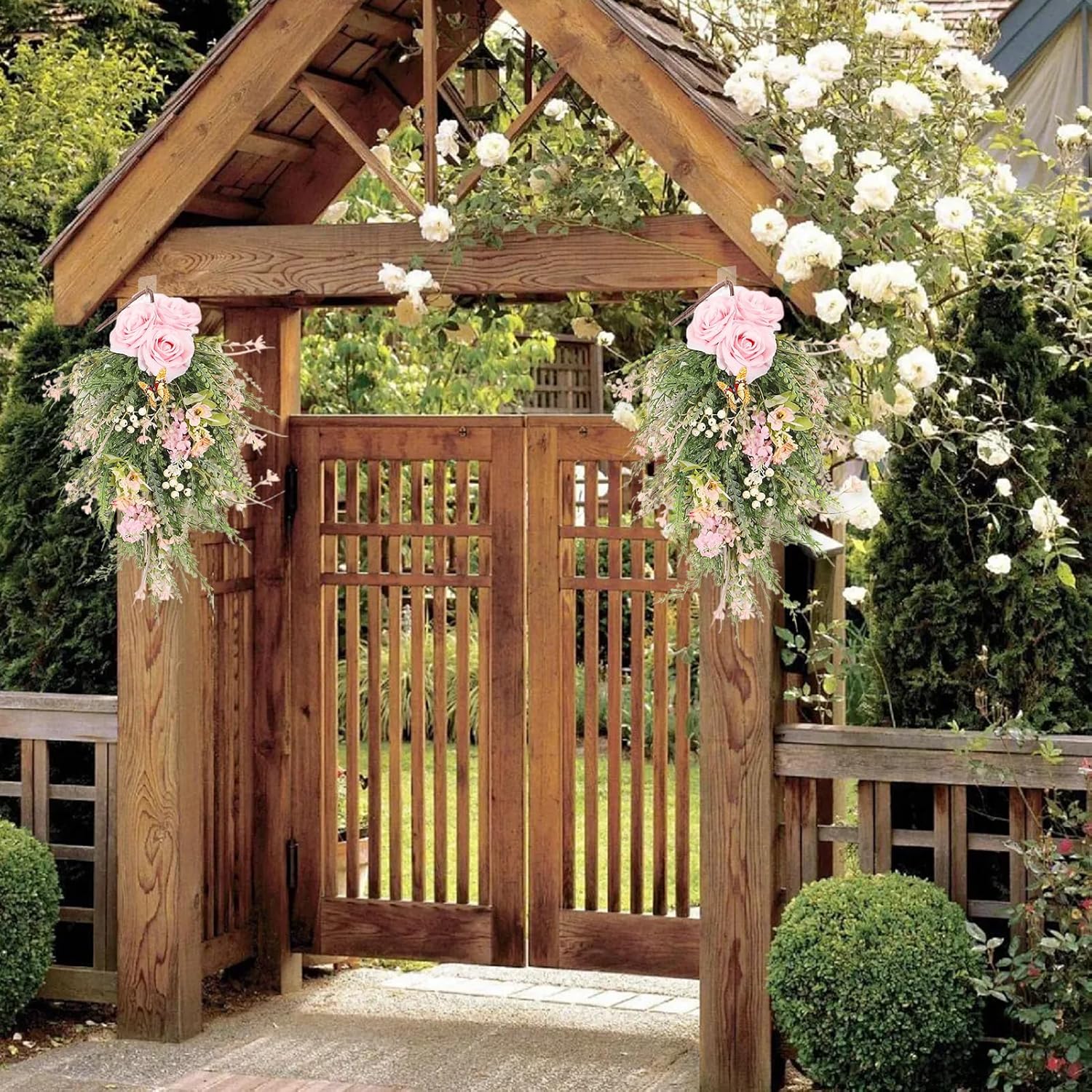 197 Inch Pink Artificial Rose Teardrop Swag Wreath with Butterflies