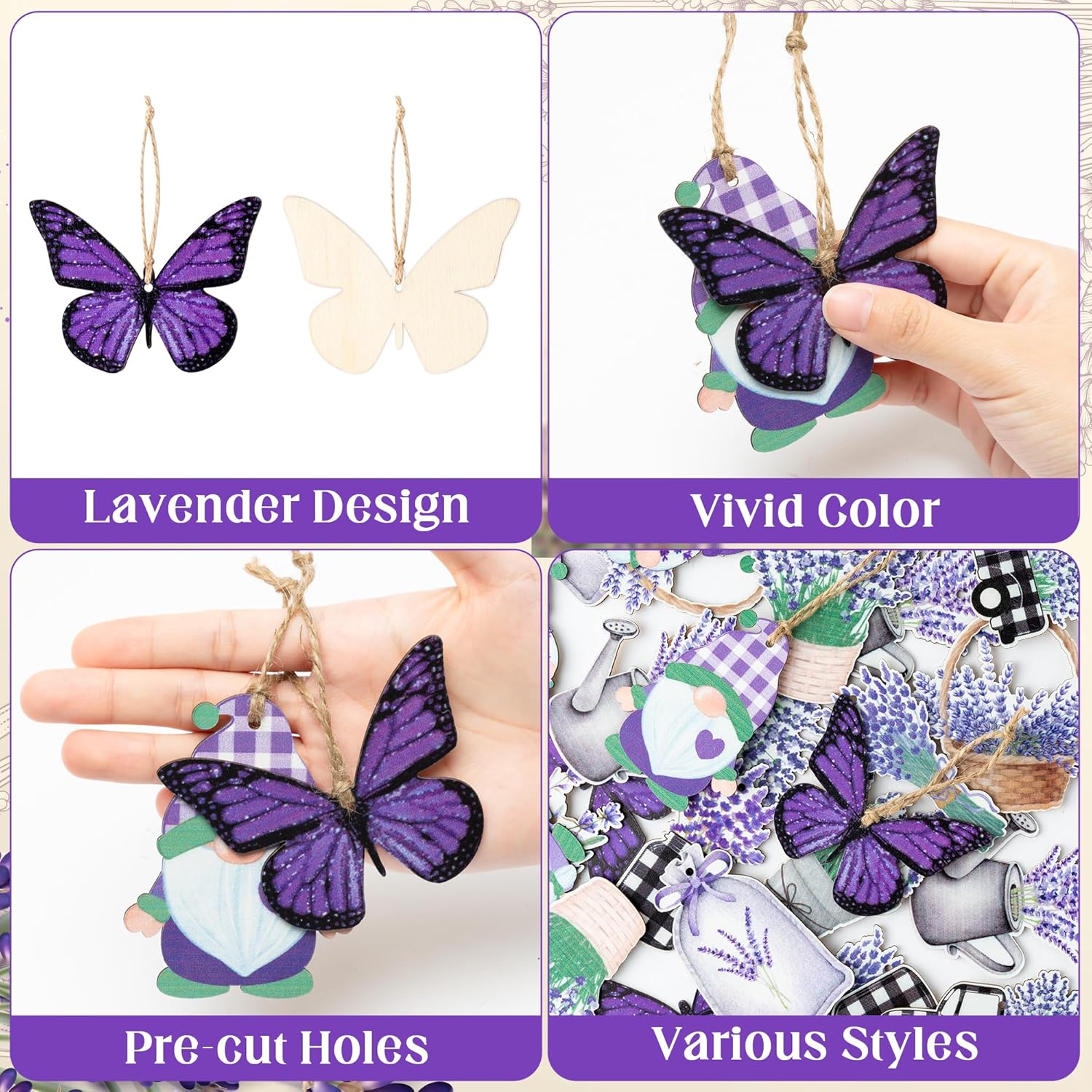 WATINC 37pcs Lavender Wood Hanging Ornament Set
