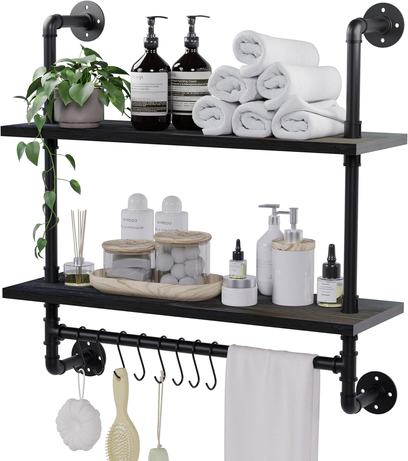 ROGMARS Industrial Pipe Bathroom Shelves with Towel Bar Hooks