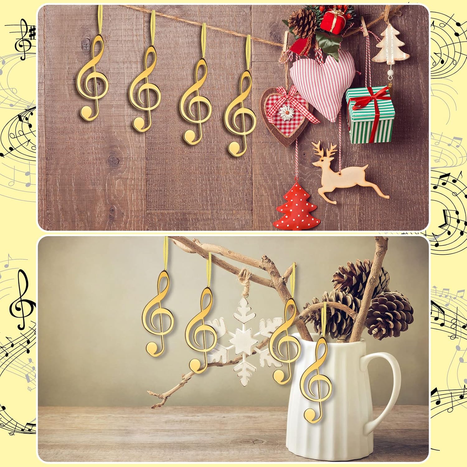 Christmas Treble Clef Hanging Ornament Set with Gold Ribbon - 24pcs