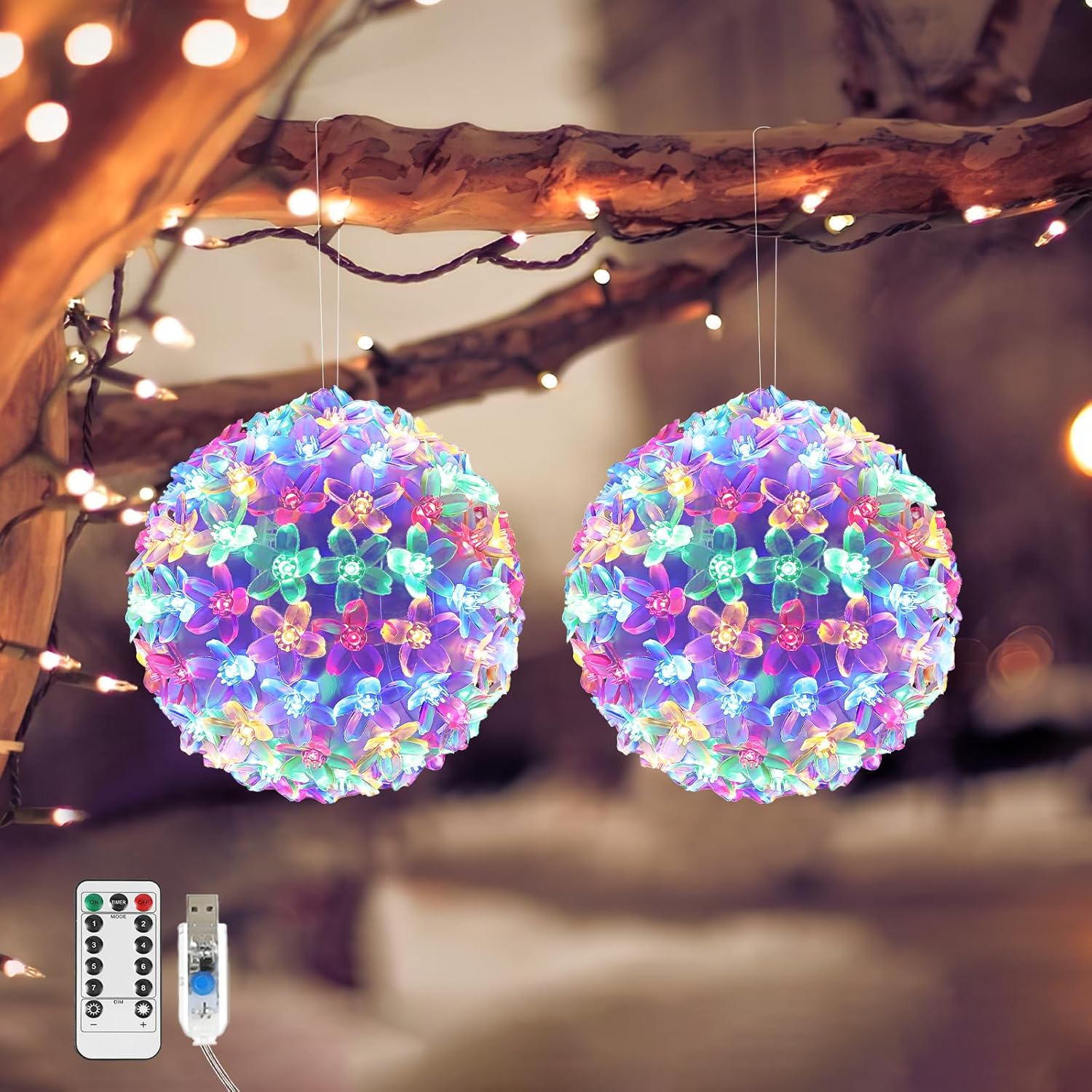 2 Pack USB Cherry Blossom Sphere Lights with Timer