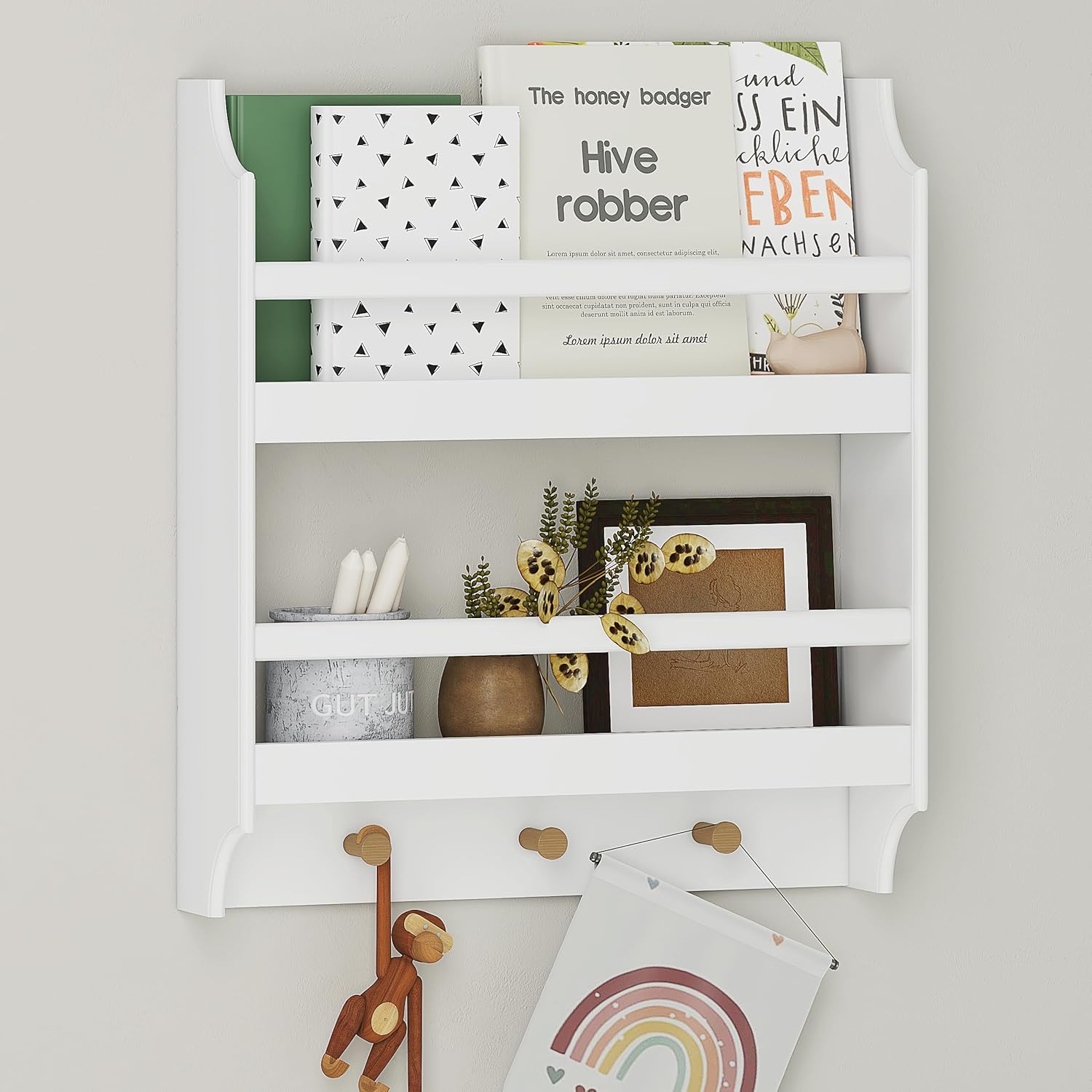 UTEX Floating Book Shelves with Hooks 2-Tier Wall Mounted Storage