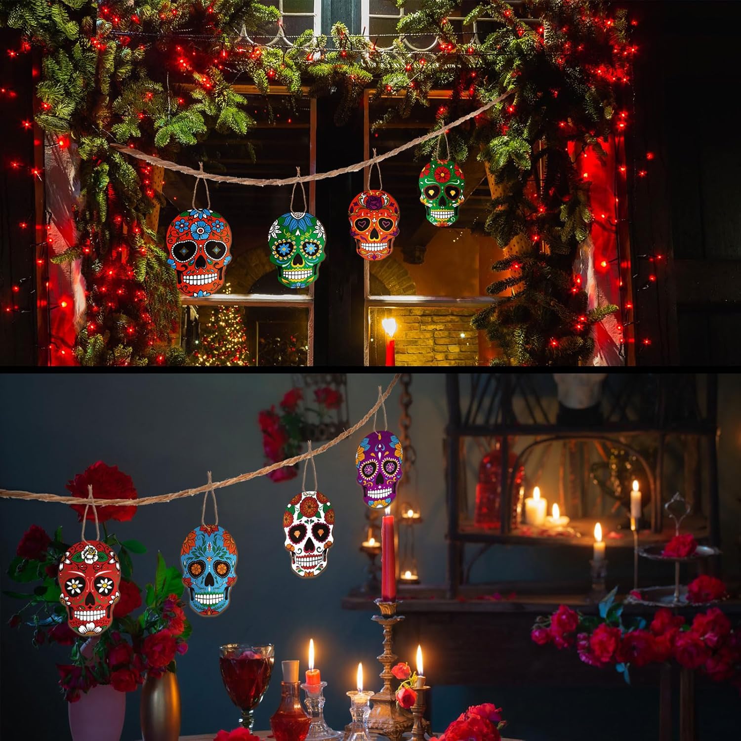 Hoteam 36 Pcs Day of the Dead Skull Wooden Hanging Ornaments