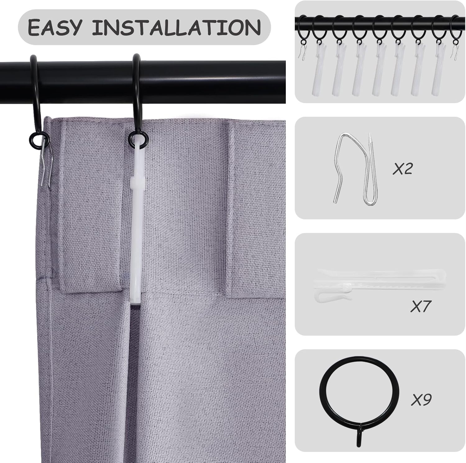 Light Grey Blackout Pinch Pleated Linen Curtains 2 Panels Set