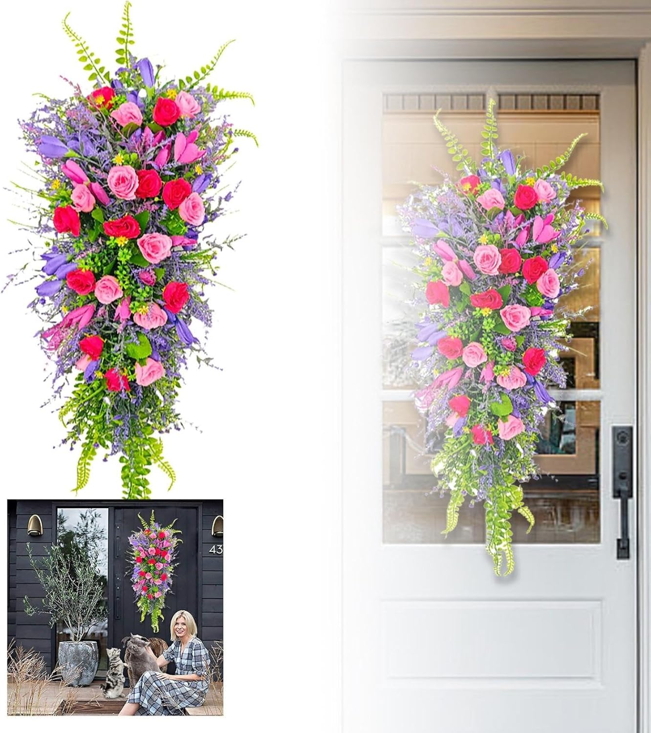 256 Inch Artificial Teardrop Spring Wreath with Flowers and Foliage