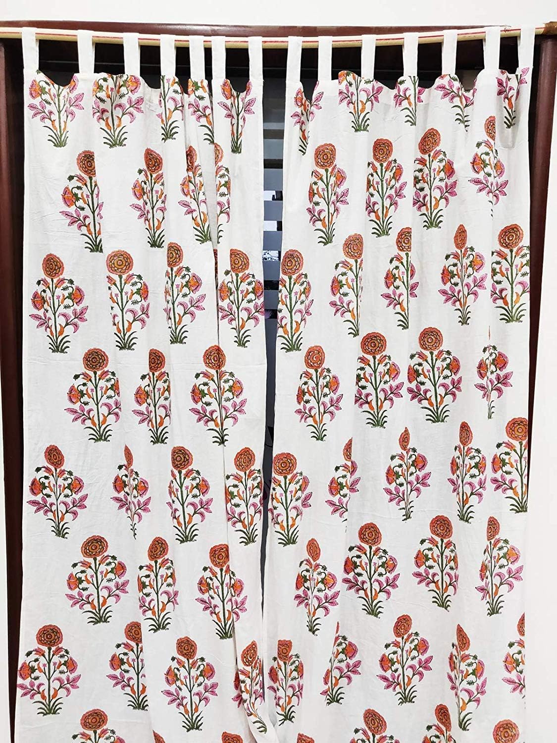Block Print Floral Fabric Curtain Set of 2