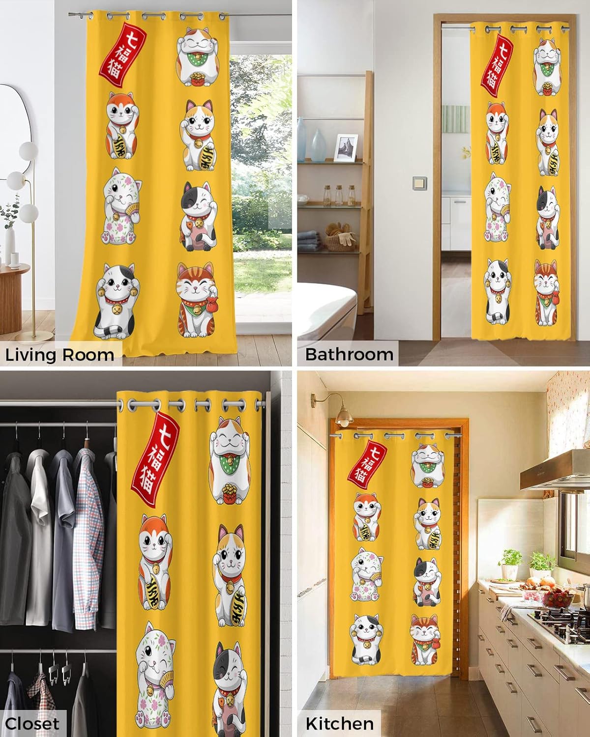 Lucky Cats Blackout Door Curtains for Home Decor