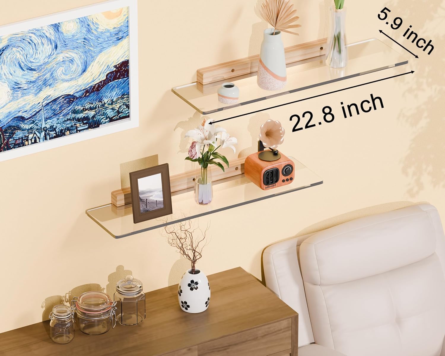QsQueen Solid Wood Acrylic Floating Shelves for Home Decor