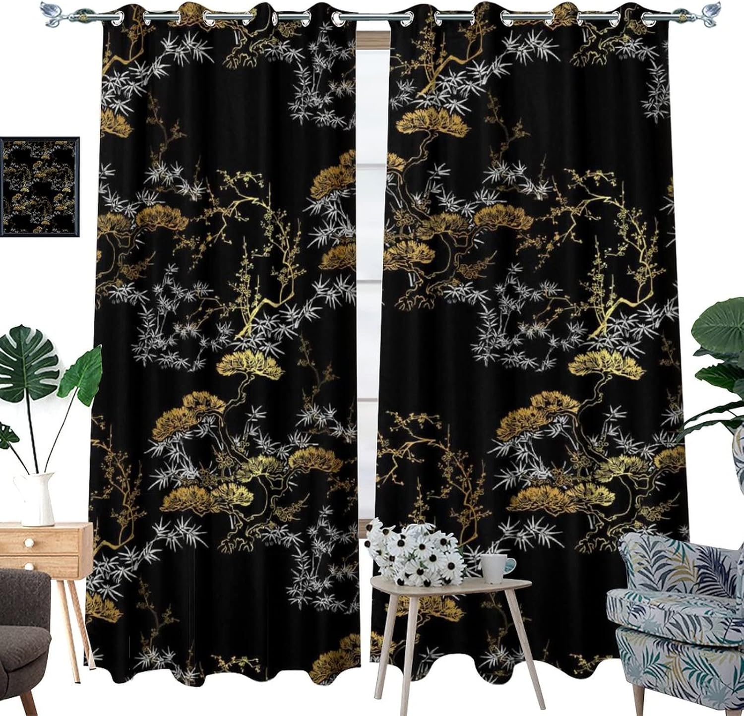 Cool Japanese Curtains Black Gold Pine Pattern Grommet Blackout Curtains 55x63in