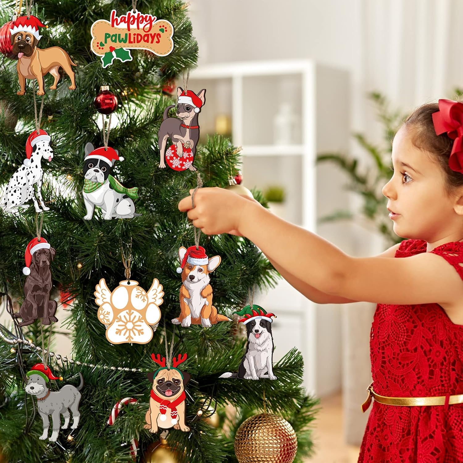 24 Pieces Wooden Dog Ornaments for Christmas Tree Decorations