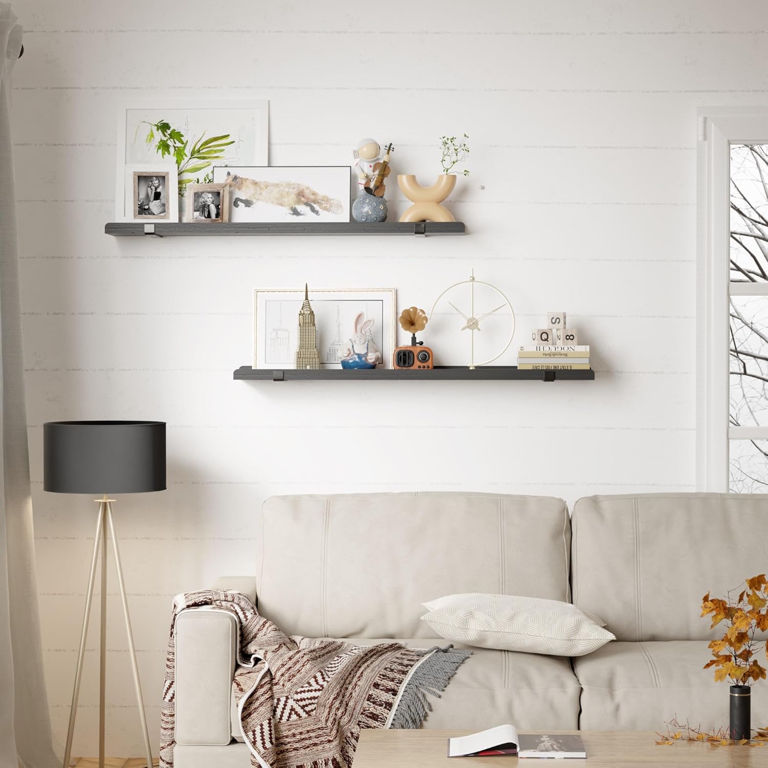 Ecowillon 40 Inch Black Floating Shelves with Lip Set of 2