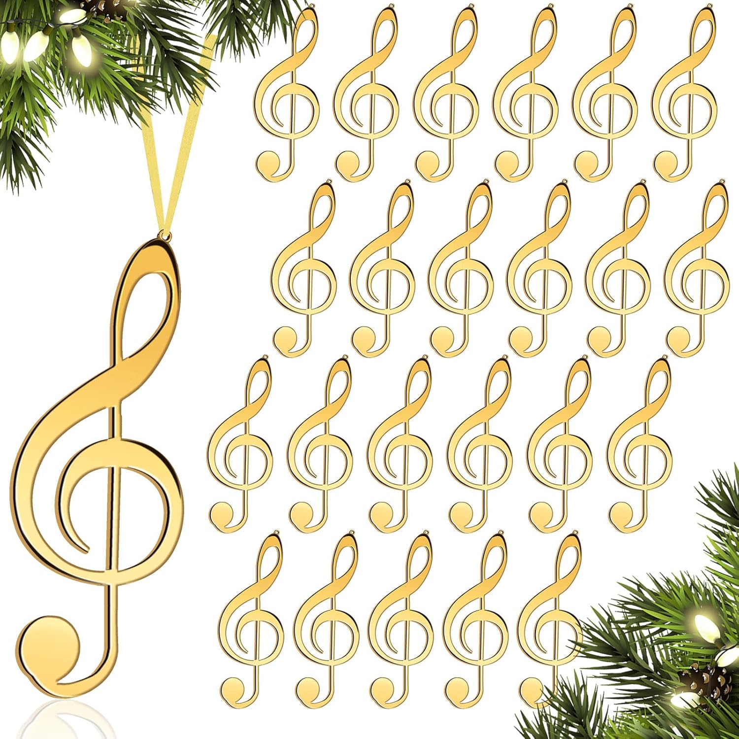 Christmas Treble Clef Hanging Ornament Set with Gold Ribbon - 24pcs