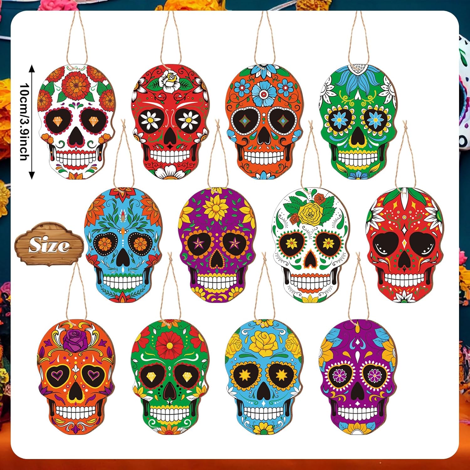 Hoteam 36 Pcs Day of the Dead Skull Wooden Hanging Ornaments