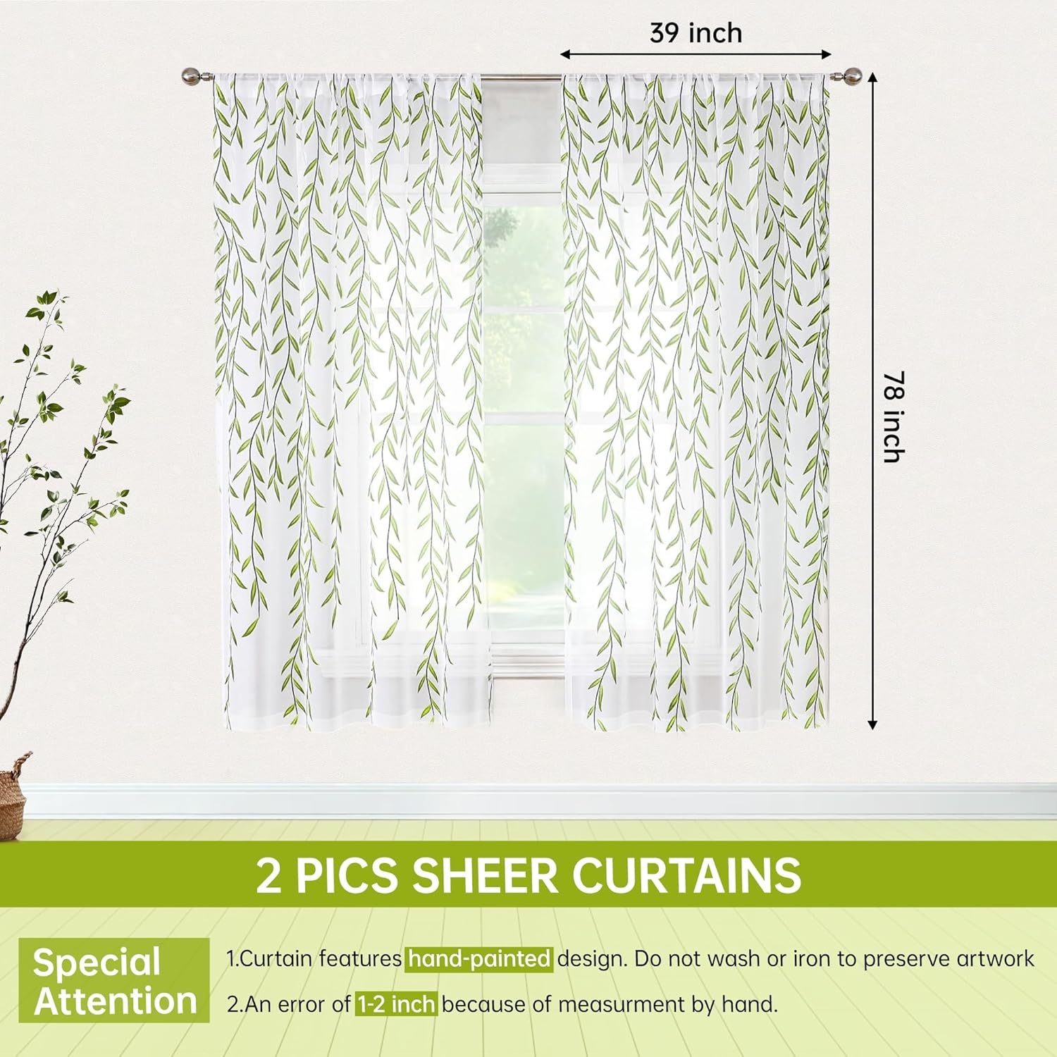 BROSHAN Green Pattern Sheer Curtains 2 Panels 78 Inches