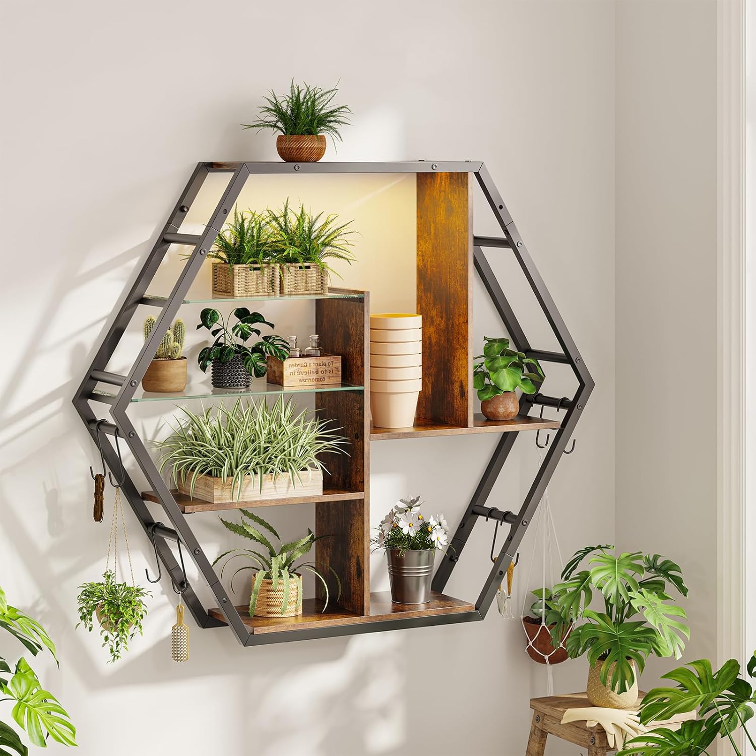 Gaming Shelf with RGB Lights and Hooks - Rustic Brown