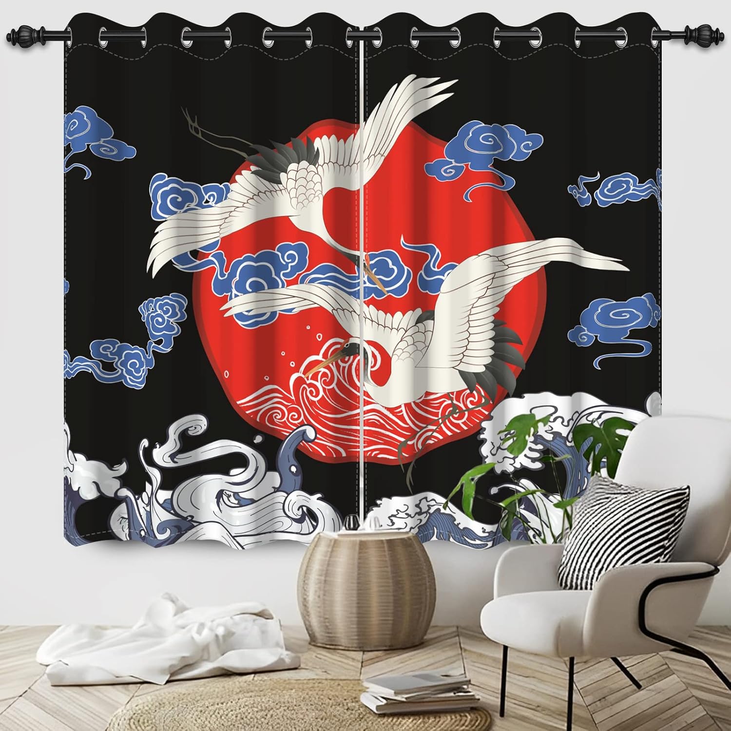 Japanese Style Curtains Flying Crane Red Sun Abstract 3D Printed 2 Panel Set