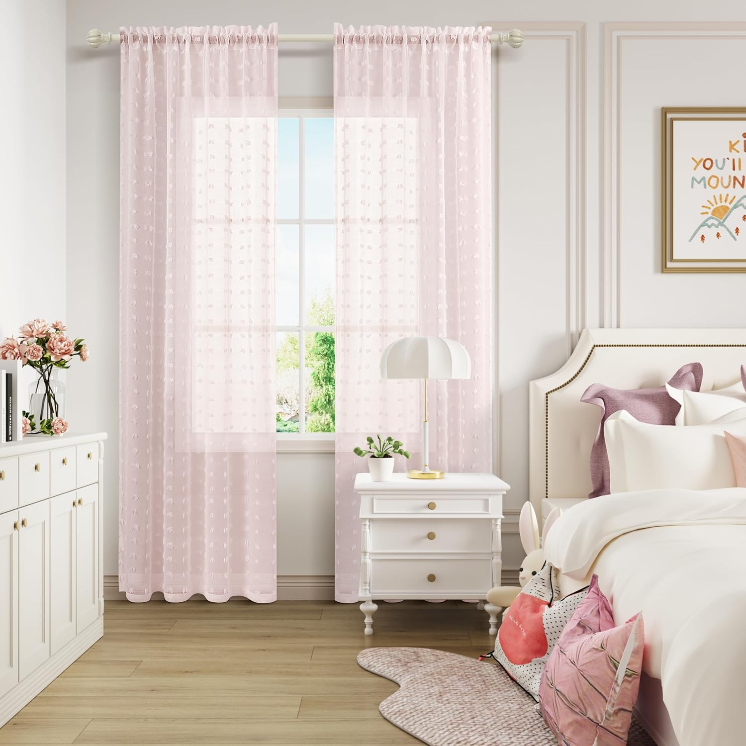 Guken Pink Grommet Pom Pom Sheer Curtains 54 Inch 2 Panels