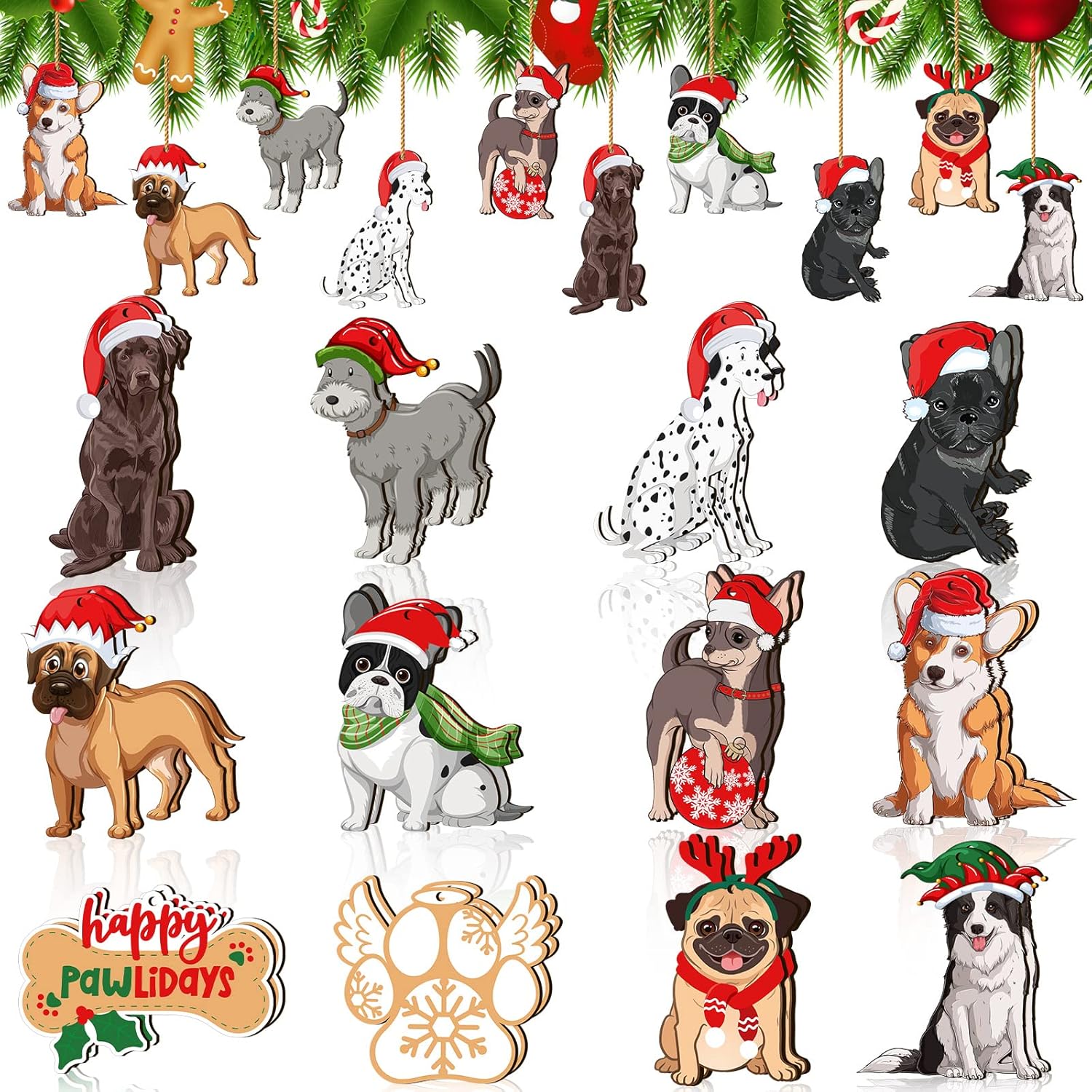 24 Pieces Wooden Dog Ornaments for Christmas Tree Decorations