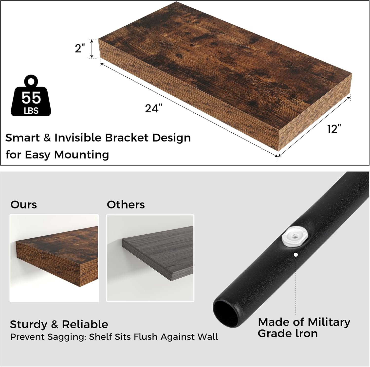 Venusmiles Floating Shelves for Wall 24x12 Inch Brown