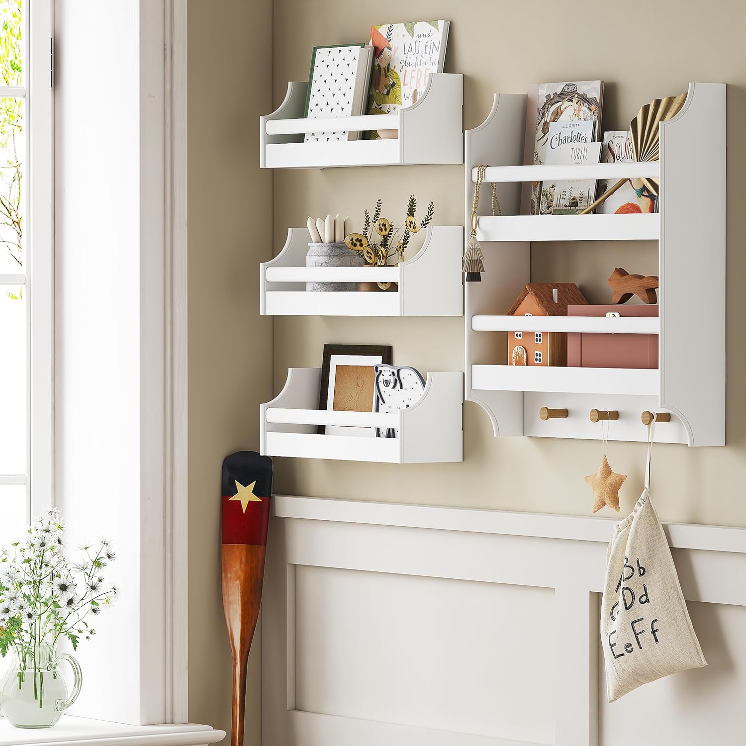 UTEX Floating Book Shelves with Hooks 2-Tier Wall Mounted Storage