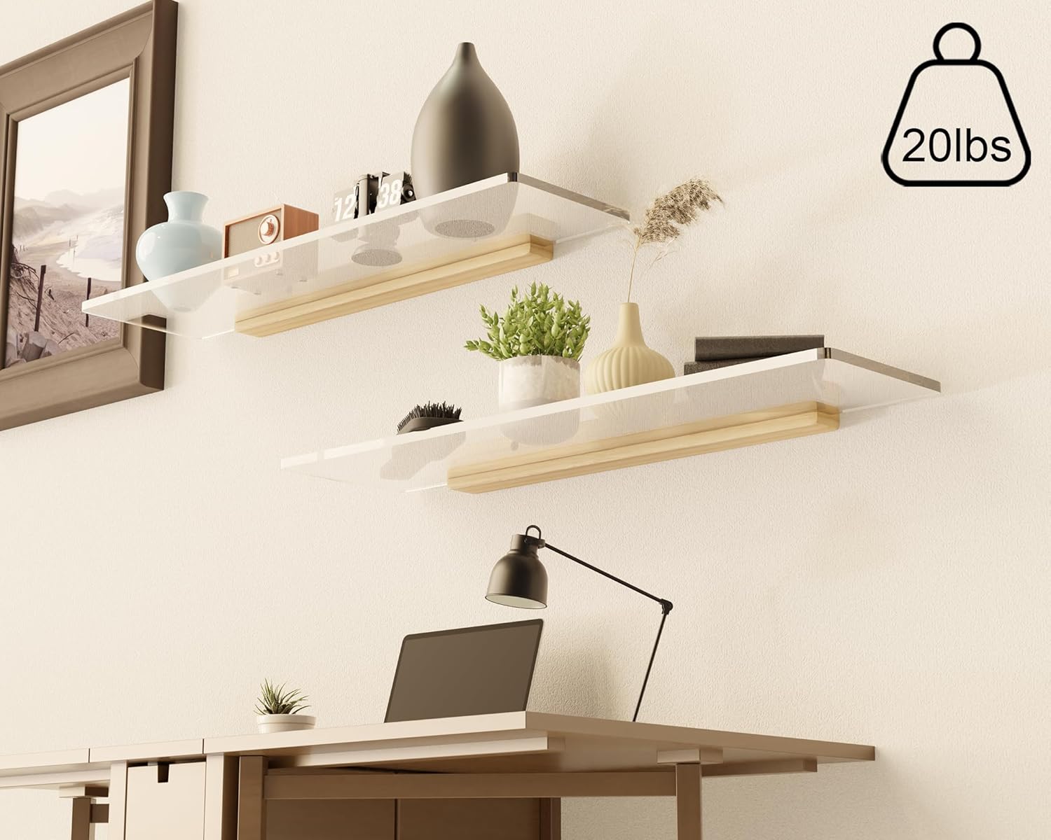 QsQueen Solid Wood Acrylic Floating Shelves for Home Decor