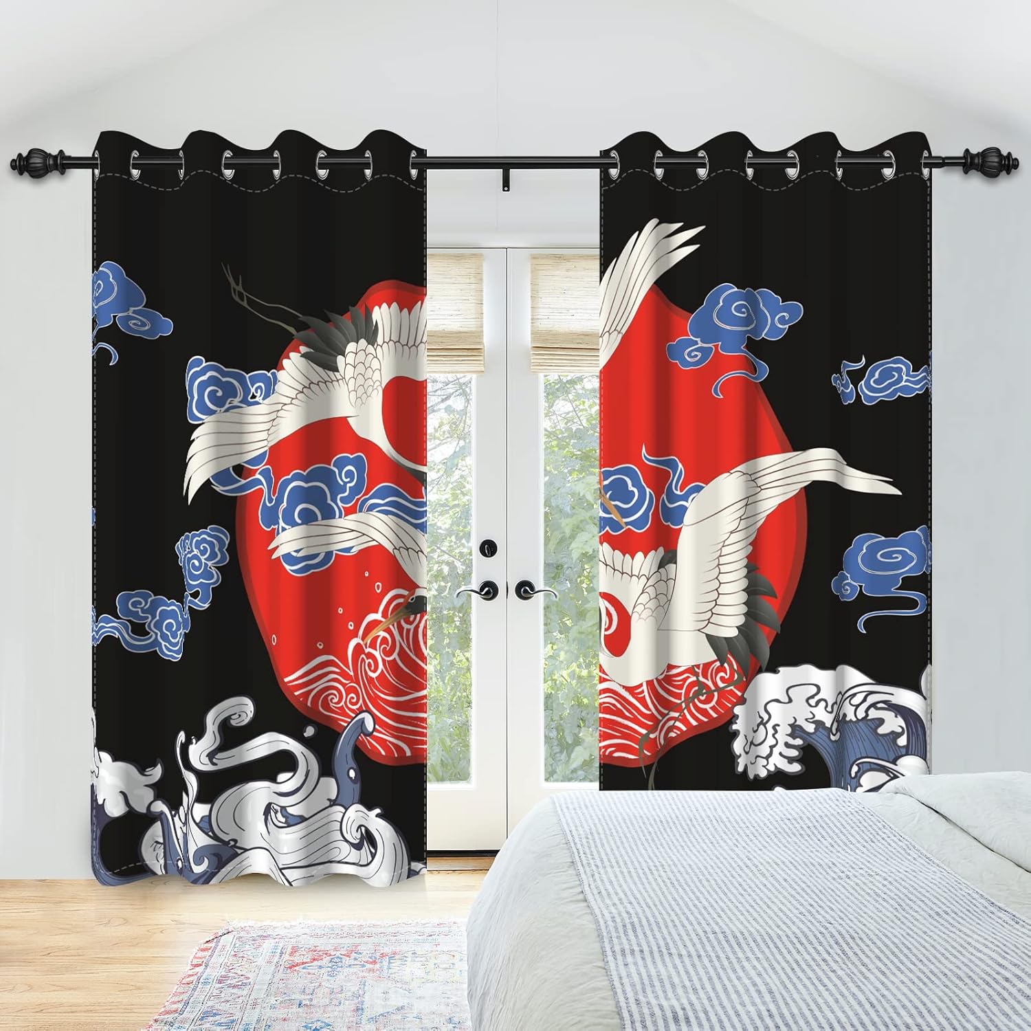 Japanese Style Curtains Flying Crane Red Sun Abstract 3D Printed 2 Panel Set