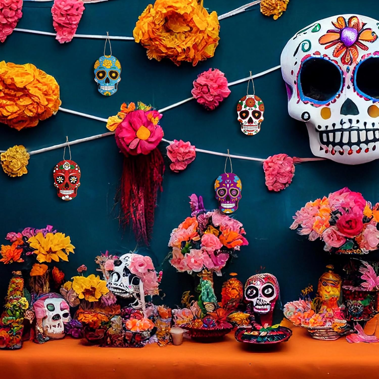 Hoteam 36 Pcs Day of the Dead Skull Wooden Hanging Ornaments