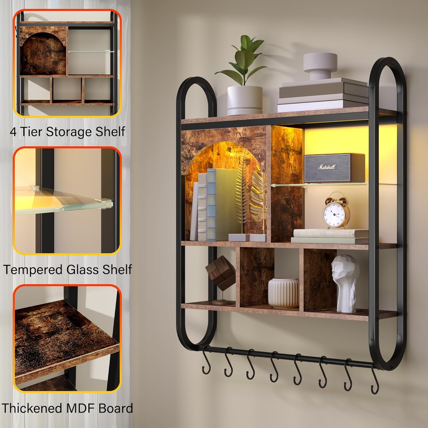 29 Inch Kitchen Shelves Wall Mounted with Lights 4 Tier