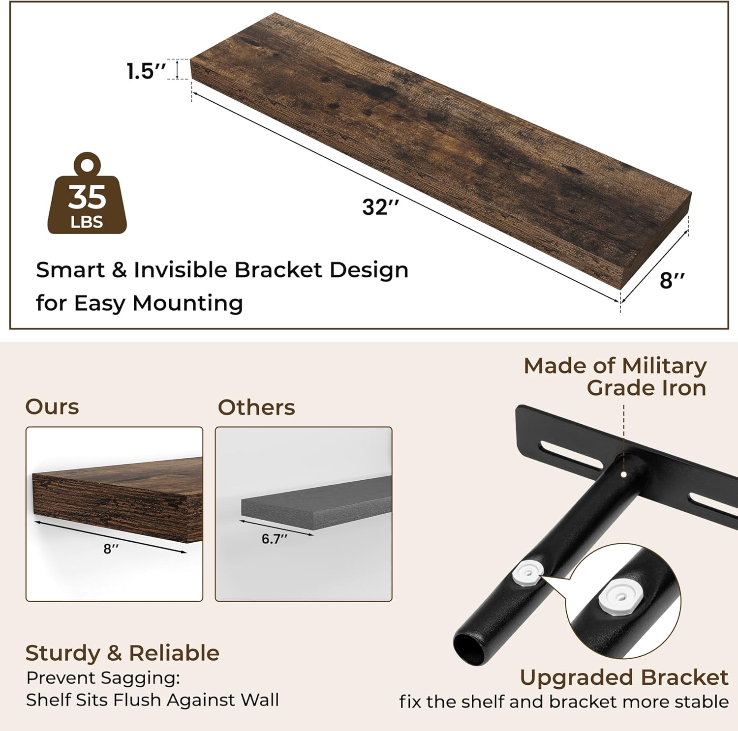 RICHFOCUS 315 Inch Floating Shelves 2 Pack Rustic Brown