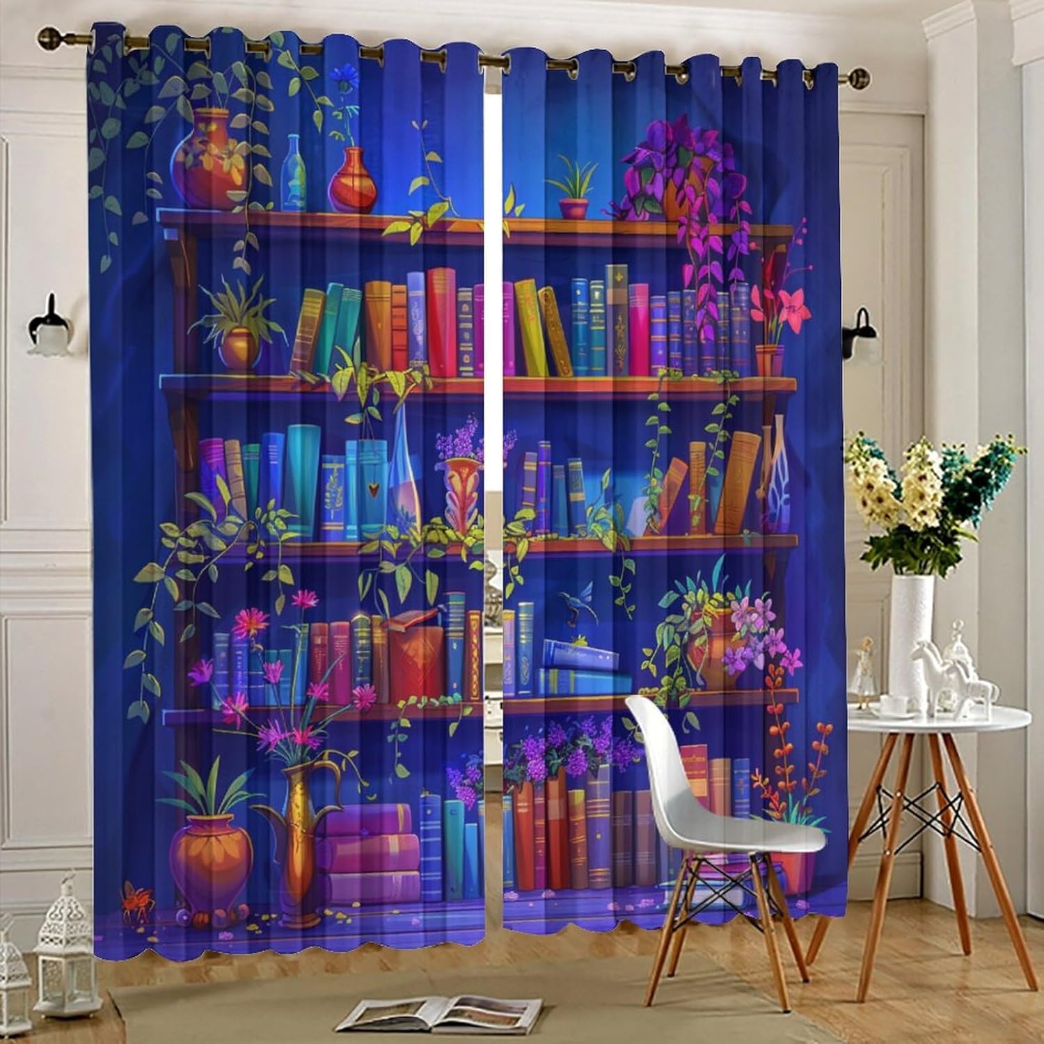 Cute Cartoon Bookshelf Curtains for Bedroom Living Room